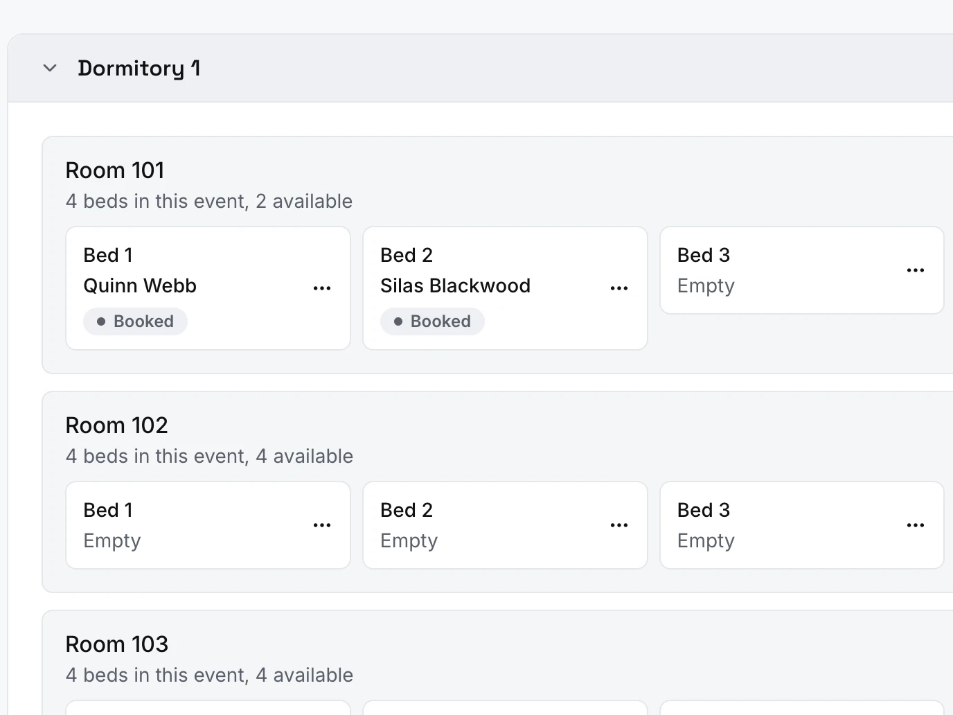 The bed board for a summer camp, with rooms, beds and who is booked in each