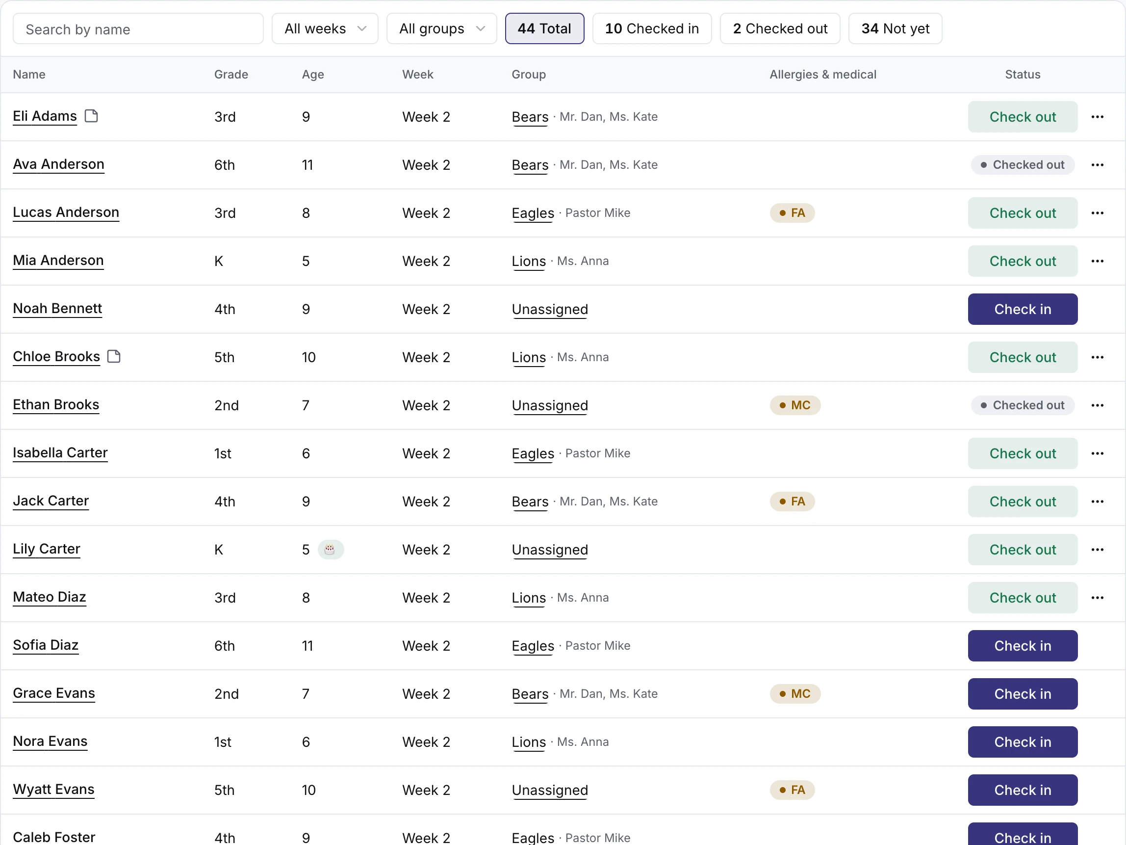 The check-in desk: a search box, live counts, and a list of people with grade, age, week, group, allergy flags and a Check in or Check out button on each row
