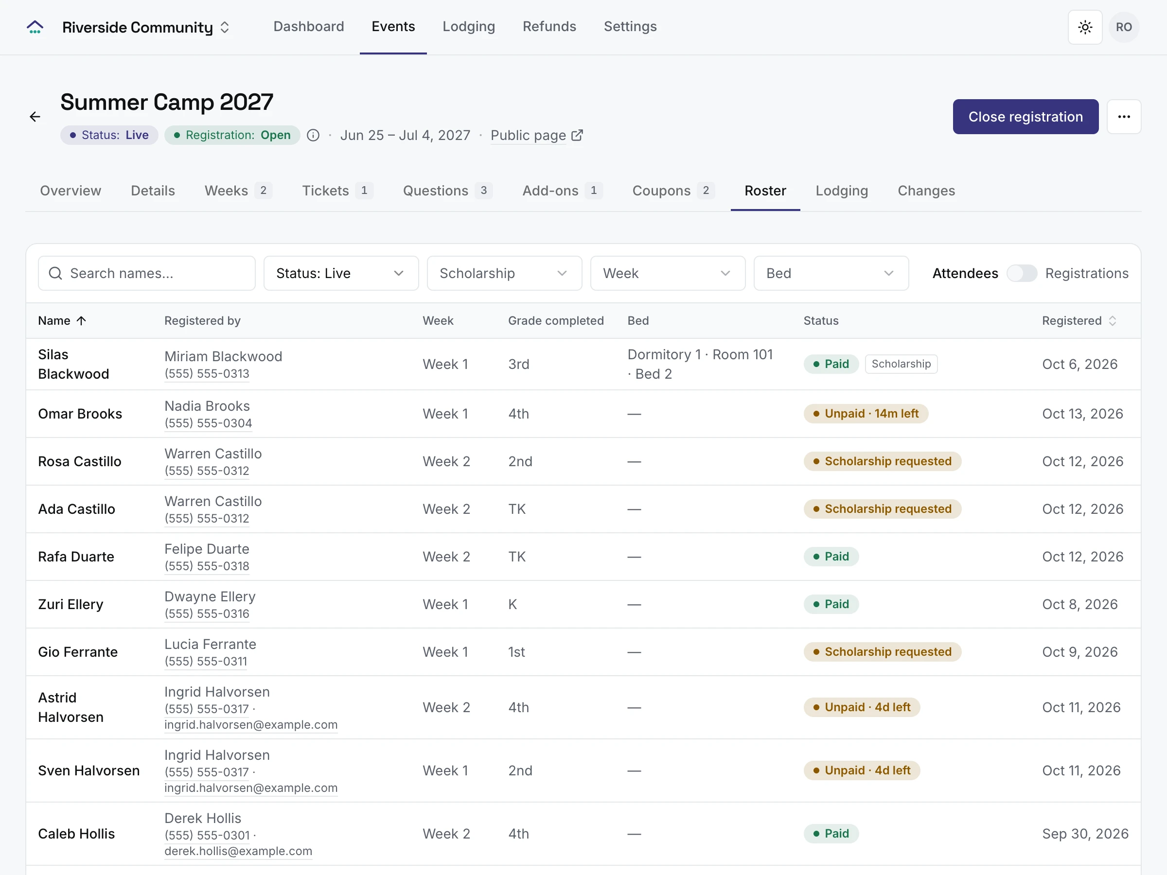 The roster: each attendee with who registered them, their week, bed and payment status, with search and filters
